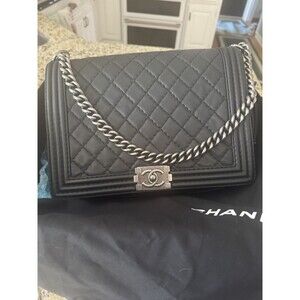 CHANEL Boy large Black Quilted Shoulder Bag, Silver Chain w/ box, bag and COA